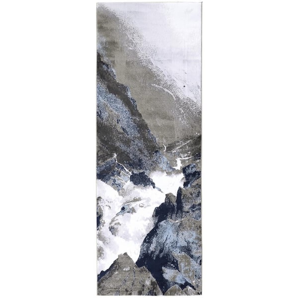 HomeRoots 2 x 8 Blue and Gray Abstract Runner Rug