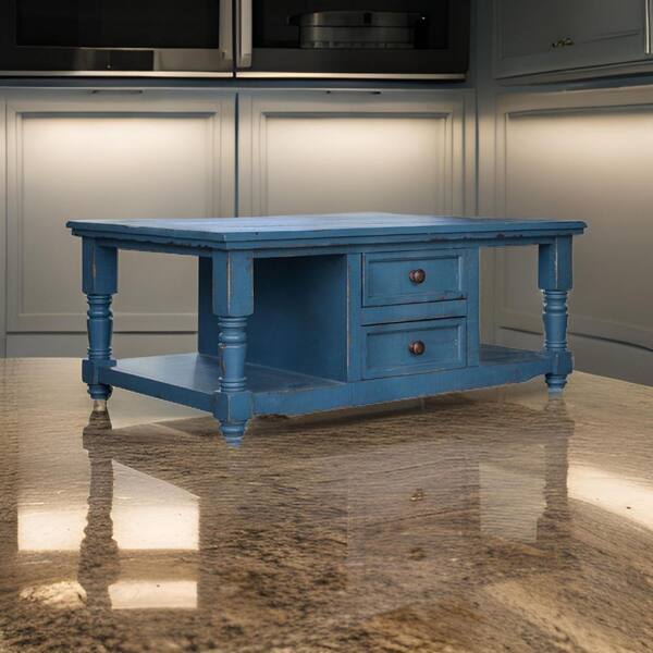 Benjara Genie 31 in. Dark Blue Rectangle Wood Coffee Table with 4-Drawers and Shelves