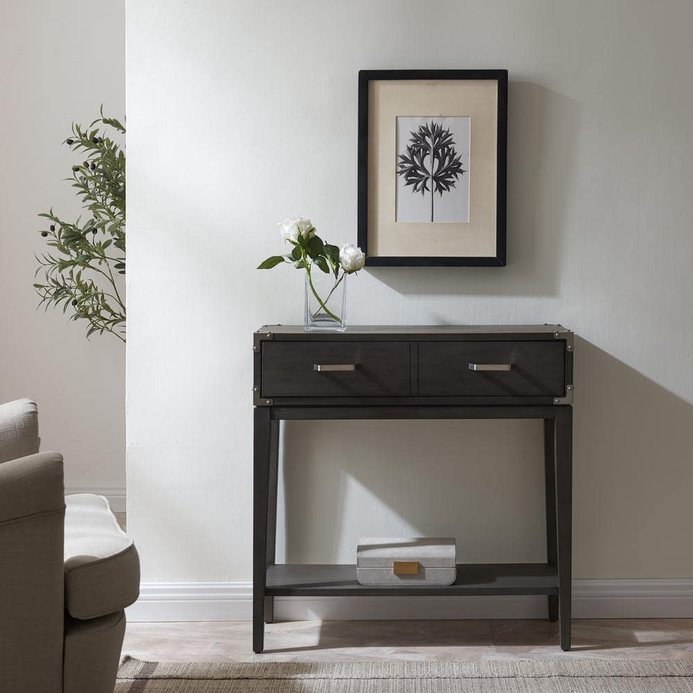 Tiny Gray Wood and Pewter Hallway Table with Storage
