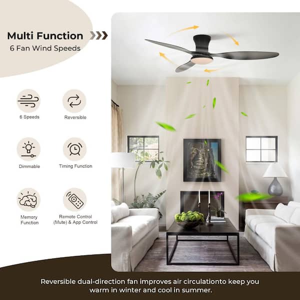 TOZING 52 in. Smart Indoor Black Low Profile Standard Small Flush