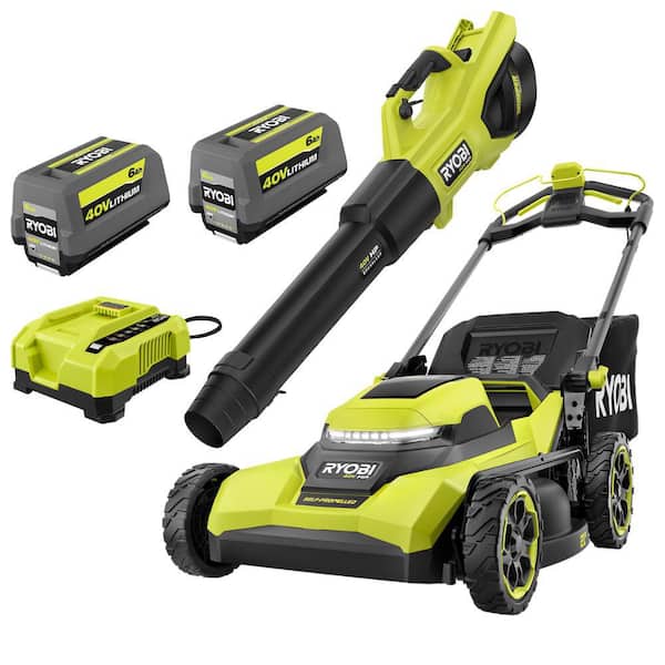 RYOBI 40V HP Brushless 21 in. Cordless Battery Walk Behind Self Propelled Lawn Mower Blower 2 6.0 Ah Batteries Charger RY40HPLM01K2 RY404010BTL