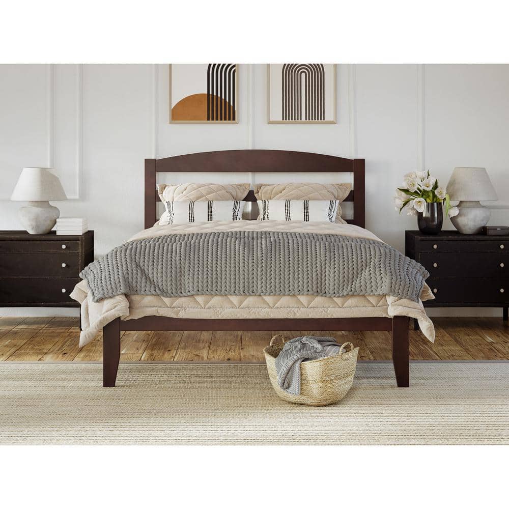 Mission-Style Full Platform Bed with Walnut Finish and Slatted Headboard