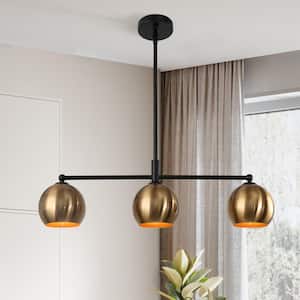 26.5 in. 3-Light Modern Brass Island Chandelier, Industrial Black Linear Chandelier, Metal Globe LED Pendant Light