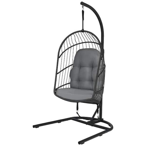 HONEY JOY 6.75 ft. Free Standing Modern Rattan Hanging Egg Swing Chair with Stand Foldable Cushioned Hammock in Gray