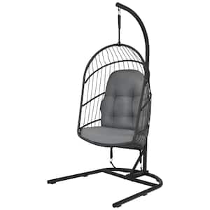 6.75 ft. Free Standing Modern Rattan Hanging Egg Swing Chair with Stand Foldable Cushioned Hammock in Gray