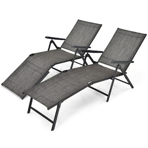 2-Pieces Metal Folding Outdoor Chaise Lounge Chair Portable Reclining Lounger in Grey