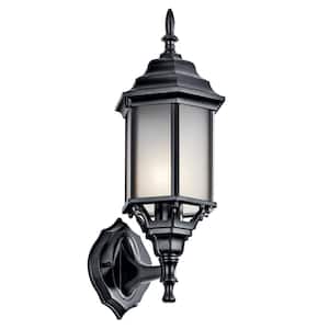 Chesapeake 17 in. 1-Light Satin Black Outdoor Hardwired Wall Lantern Sconce with No Bulbs Included (1-Pack)