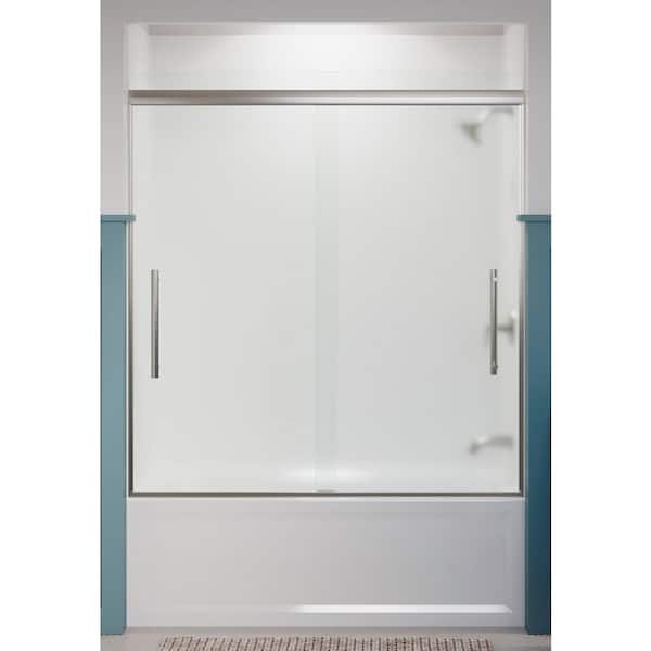 KOHLER PPleat 55-60 in. x 64 in. Frameless Sliding Bathtub Door in Anodized Brushed Nickel with Frosted Glass