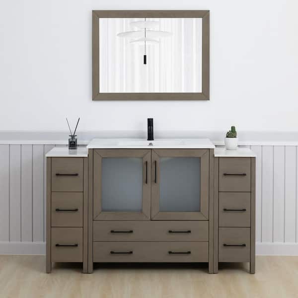 60 in. W x 18 in. D x 36 in. H Driftwood Gray Bath Vanity with White Ceramic Top and Mirror