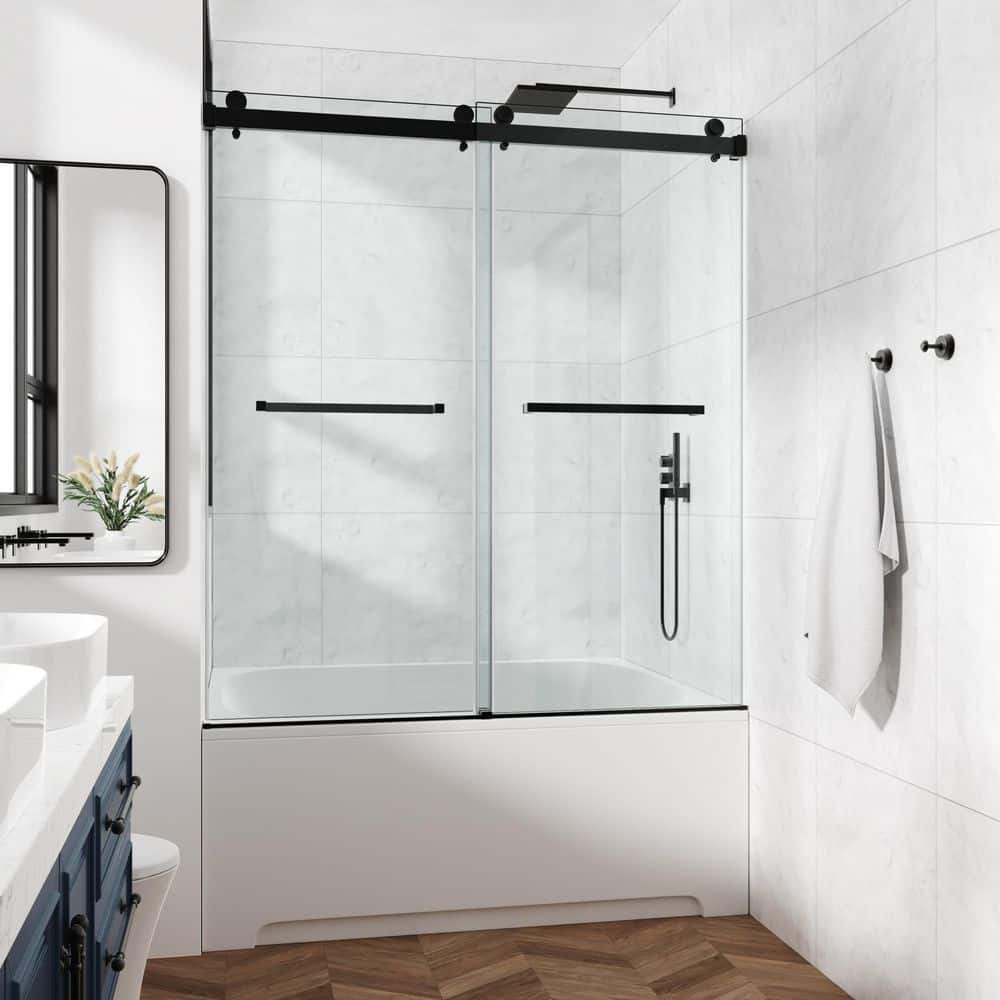 60 in. W x 76 in. H Hinge Frameless Shower Door in Matter Black Finish Clear Glass Soft-Closing Silent Door Bath Panel price history on PriceWatchPro
