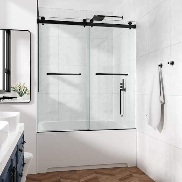 60 in. W x 76 in. H Hinge Frameless Shower Door in Matter Black Finish Clear Glass Soft-Closing Silent Door Bath Panel