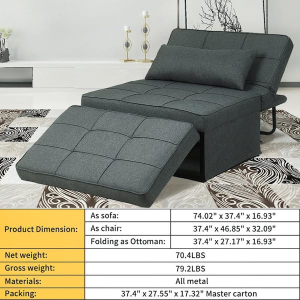 4-in-1 37.4 in. Dark Gray Fabric Twin Size Multi-Funcation Adjustable 74.02 in. Depth Sofa Bed Couch