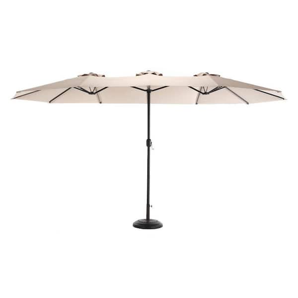 14.8 ft. Double Sided Outdoor Patio Umbrella, Rectangular Waterproof Market Umbrella with Crank in Khaki