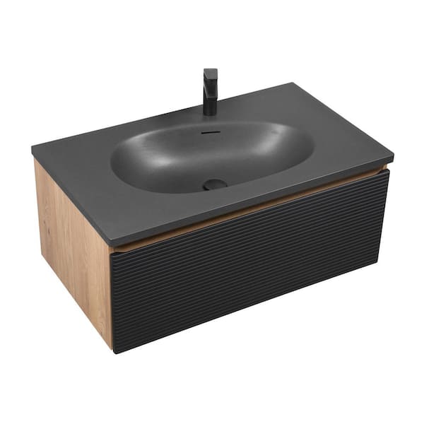 36 in. W x 20 in. D x 16 in. H Floating Bathroom Vanity with Black Quartz Sand Top in Natural Oak Assembled