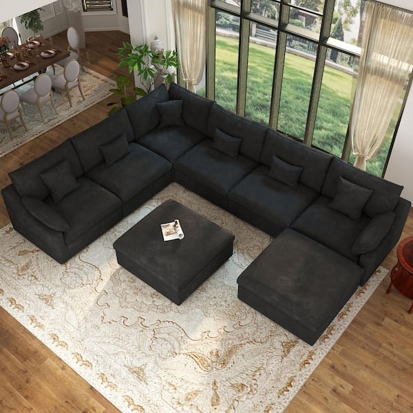 155.9 in. Square Arm 8-Piece Linen U-Shaped Down Feather Modular Free Combination Sectional Sofa with Ottoman in Black