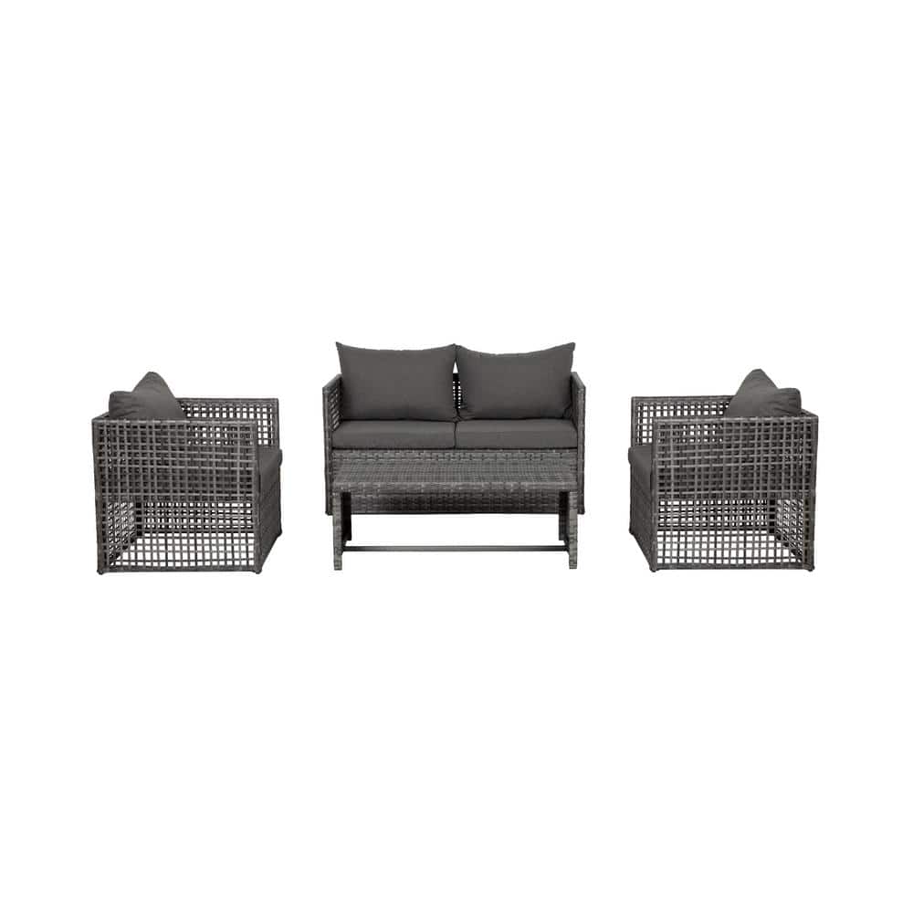 Gray 4-Piece Cushioned Rattan Patio Furniture Set with Steel Frame