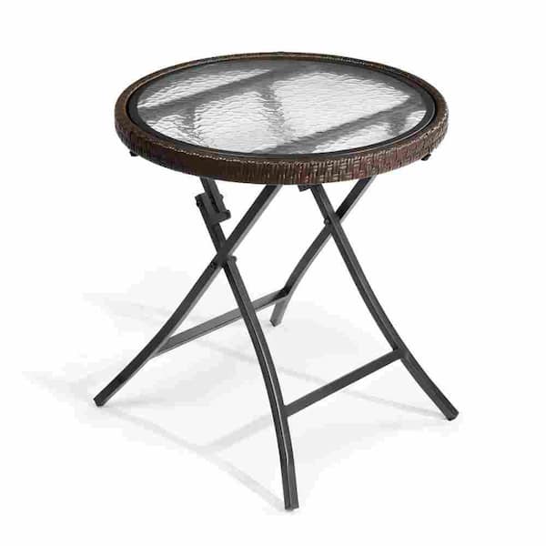 AFAIF 19 in. Black Folding Round Table Patio Outdoor Rattan Table with Tempered Glass Table Top for Backyard, Garden