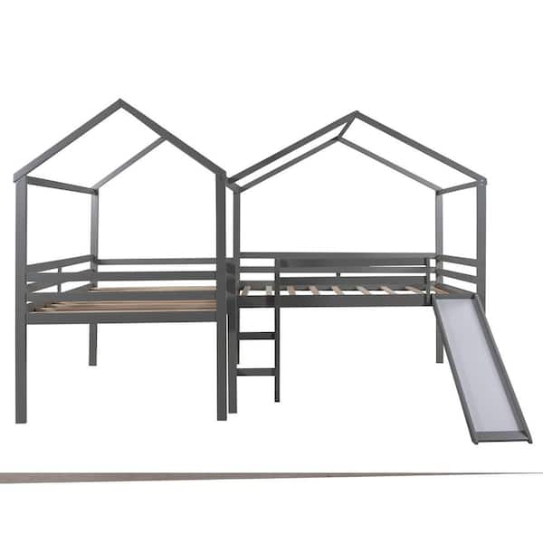 Unbranded Gray Full Size Wood Loft Bed with Roof, Slide, Guardrail