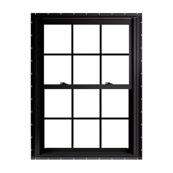 American Craftsman 35.75 in. x 48 in. 70 Series Low-E Argon Glass Double Hung No J Black Vinyl Fin Window with Grids, Screen Included