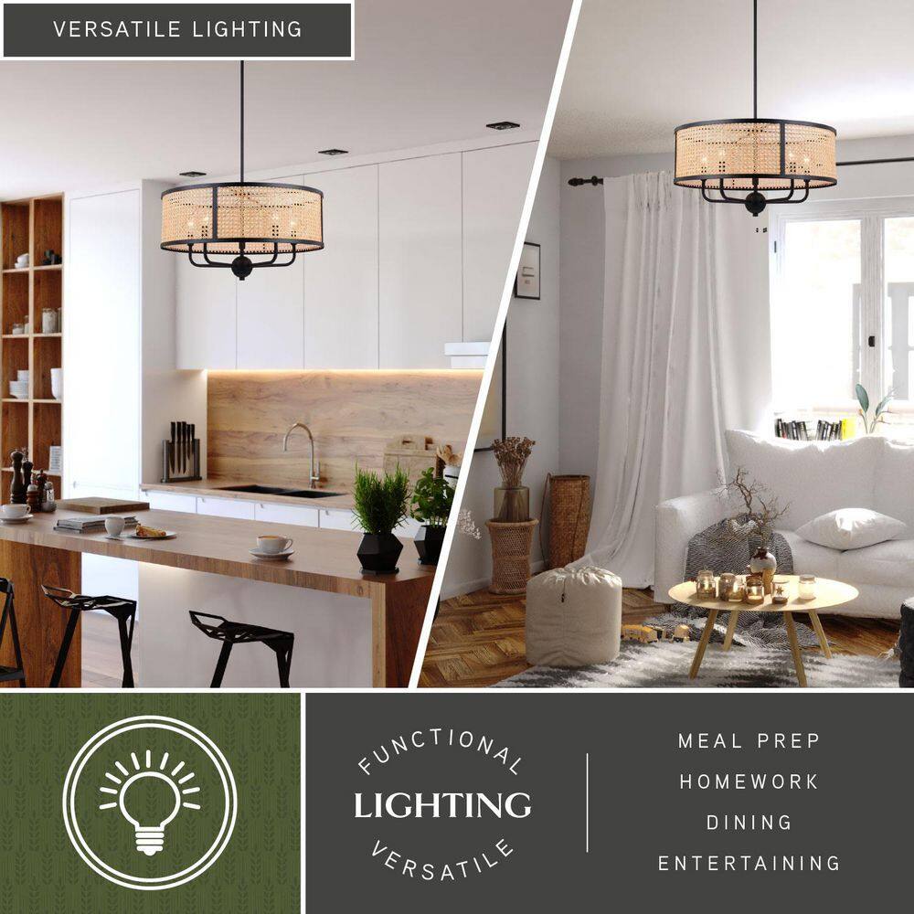 Matte Black and Rattan Drum Pendant Light Fixture