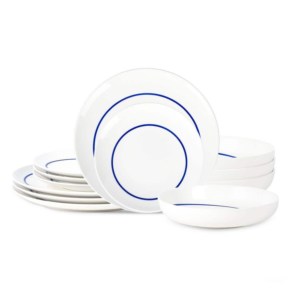 Luna Blue and White Porcelain 12-Piece Dinnerware Set, Service for 4