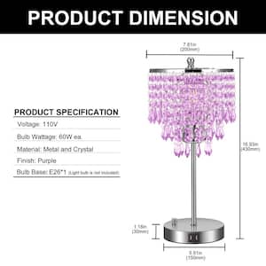 17 in. Chrome LED Integrated Table Lamp with Purple Crystal with 3-Way Dimmer Rotary Switch and Dual USB Charging Ports