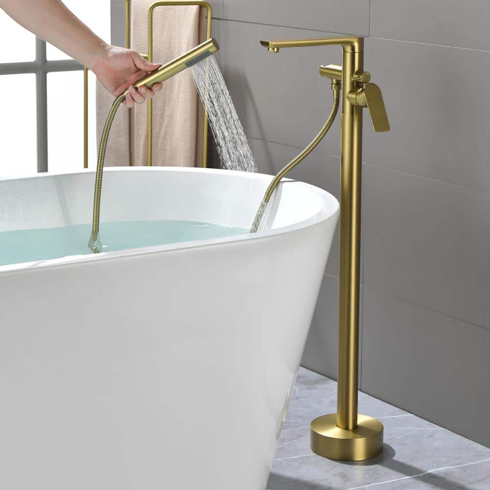 Brushed Gold Freestanding Tub Filler Faucet with Handheld Shower