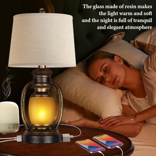 23.8 in. Brown Farmhouse Tabel Lamp (Set of 2), Rustic Bedside Lamps Vintage Cottage Lamps with 2 USB Ports for Bedroom