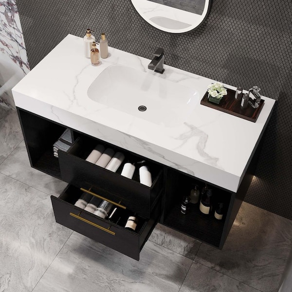 39.4 in. Wall Mounted Single Sink Black Bath Vanity with White Sintered Stone Top Requires Assembly