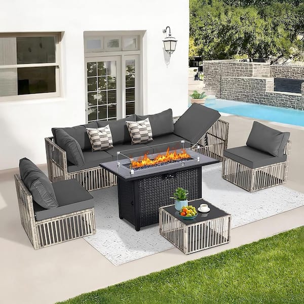 7-Piece Gray Patio Rattan Furniture Set Sofa Chair Coffee Cushioned with Gray Cushion