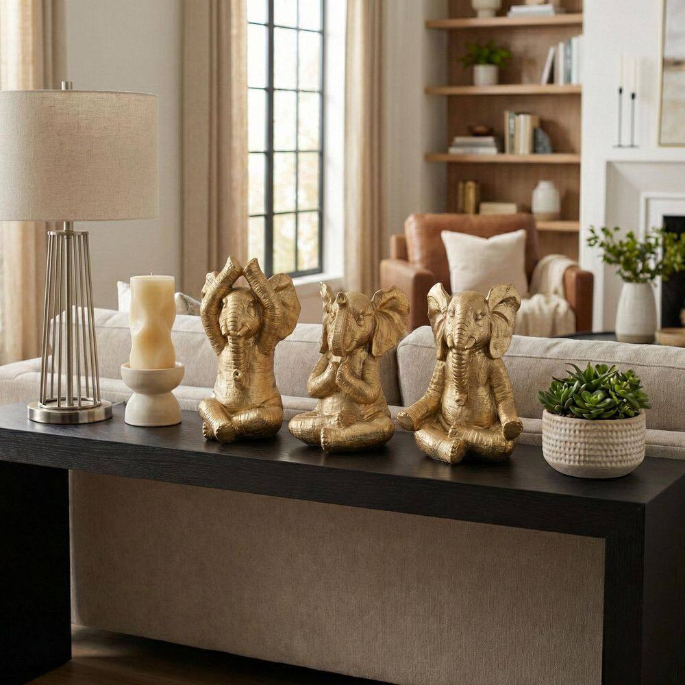 Gold 6 in. x 9 in. Resin Yoga Elephants Figurine