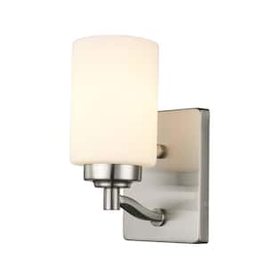 Mod Pod 4.5 in. 1-Light Brushed Nickel Wall Sconce Light Fixture with Frosted Glass Cylinder Shade