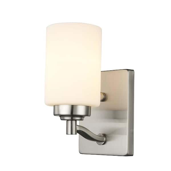 Bel Air Lighting Mod Pod 4.5 in. 1-Light Brushed Nickel Wall Sconce Light Fixture with Frosted Glass Cylinder Shade