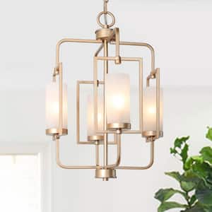 Modern Farmhouse Island Chandelier Light, 5-Light Gold Transitional Cage Chandelier with Frosted Glass Shades