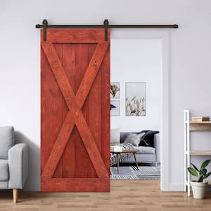 X Series 42 in. x 84 in. Solid Cherry Red Stained DIY Pine Wood Interior Sliding Barn Door with Hardware Kit