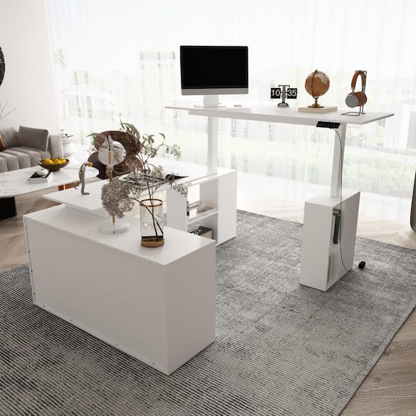 72.4 in. W U-Shaped White Wood Computer Desk Adjustable Height Desk Office Home Workstation with Cabinet, Bookshelf