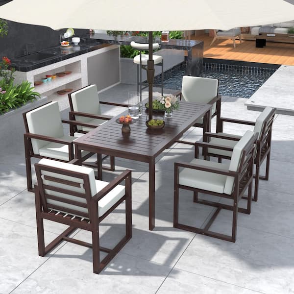 7-Piece Dark Brown Wood Outdoor Dining Set, Patio Table with 1.97" Umbrella Hole & 6 Arm Chairs with Beige Cushions