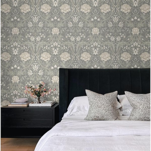 31.35 sq. ft. Daydream Grey Honeysuckle Trail Vinyl Peel and Stick Wallpaper Roll
