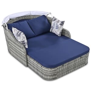 Gray Wicker Outdoor Day Bed with Blue Cushions, Double Lounge and Adjustable Canopy