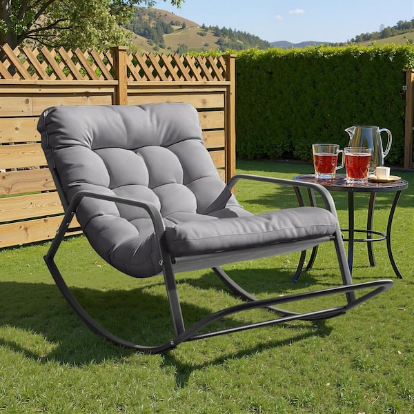 Unbranded Oversized Metal Rocking Chair Outdoor Lounge Chair with Gray Cushion for Patio, Garden and Balcony