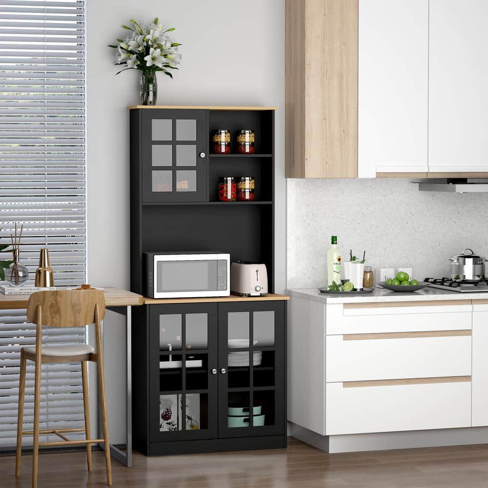 Sleek Modern Black Kitchen Buffet with Glass Door Hutch