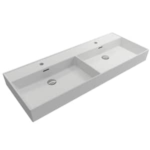 Milano Wall-Mounted Matte White Fireclay Rectangular Double Bowl for Two 1-Hole Faucets Vessel Sink with Overflows