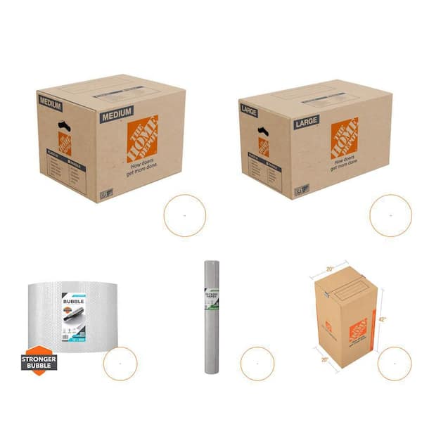 Medium Box (20-Ct), Large Box (20-Ct), Bubble Cushion (2-Ct), Packing Paper (150-Shts), Wardrobe Box (6-Ct)