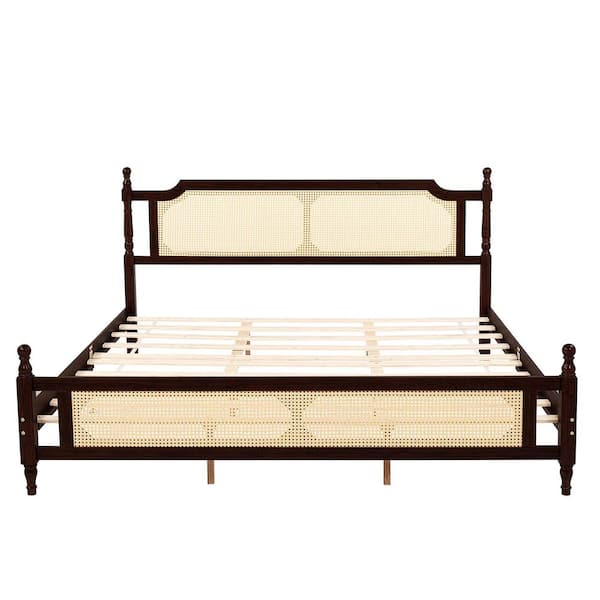 ANBAZAR Natural Brown Solid Wood Pine Frame King Size Bed Platform Bed with Rattan Headboard