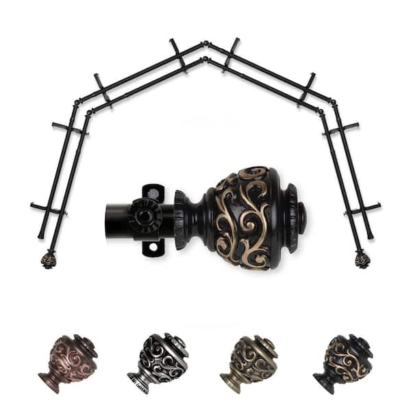 EMOH 13/16" Dia Adjustable 4-Sided Double Bay Window Curtain Rod 28 to 48" (each side) with Diana Finials in Black