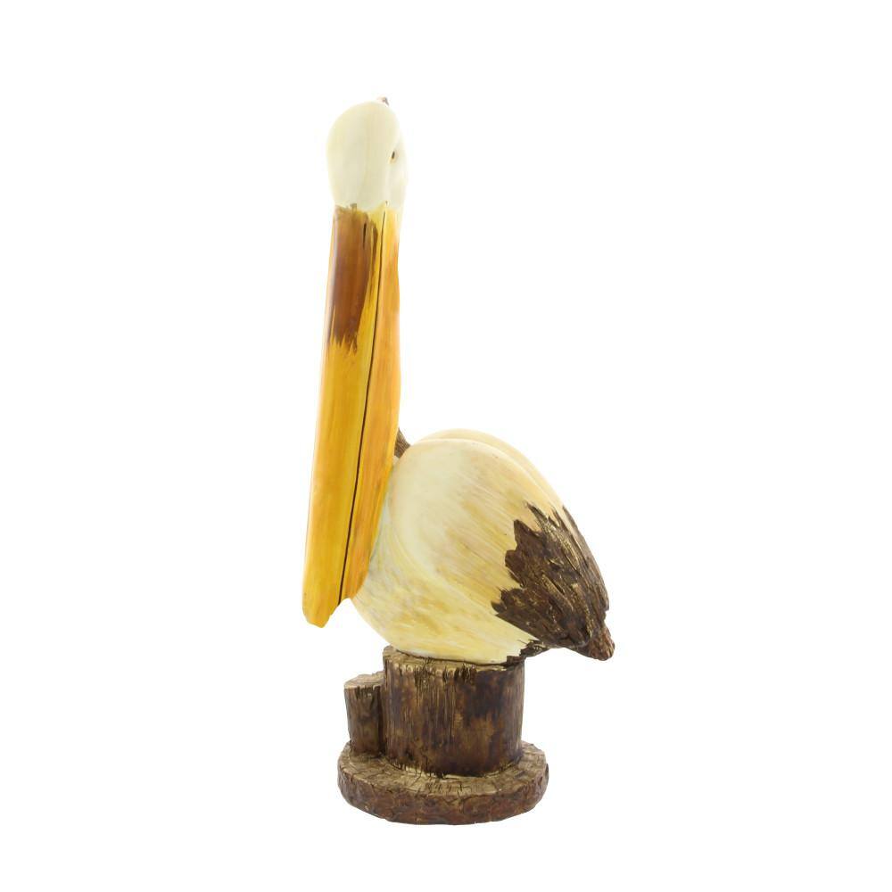 Cream and Brown Wood Pelican Sculpture with Pedestal