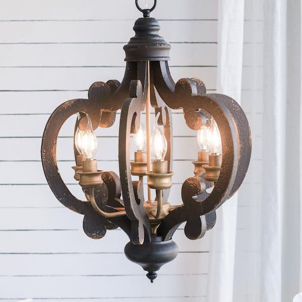 LaternBeaded 6-Light Black Farmhouse Pendant Light Fixture with Adjustable Chain, Bulb Not Included