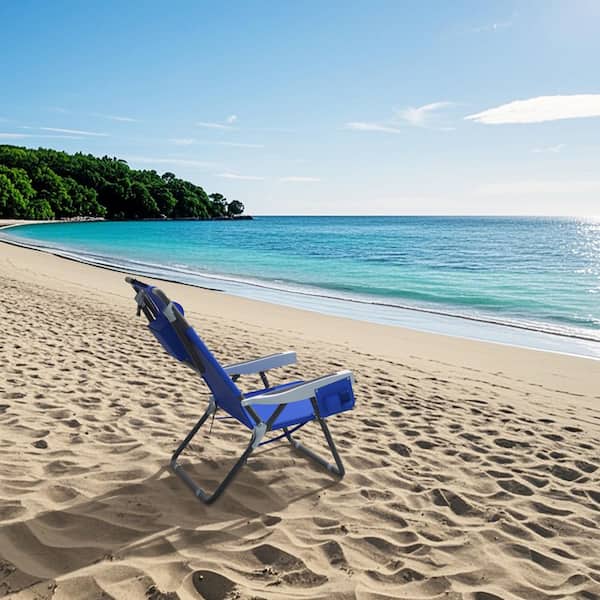 Folding Portable Metal Backpack Beach Chair with Removable Pillow and 5-Position Adjustable Backrest in Blue