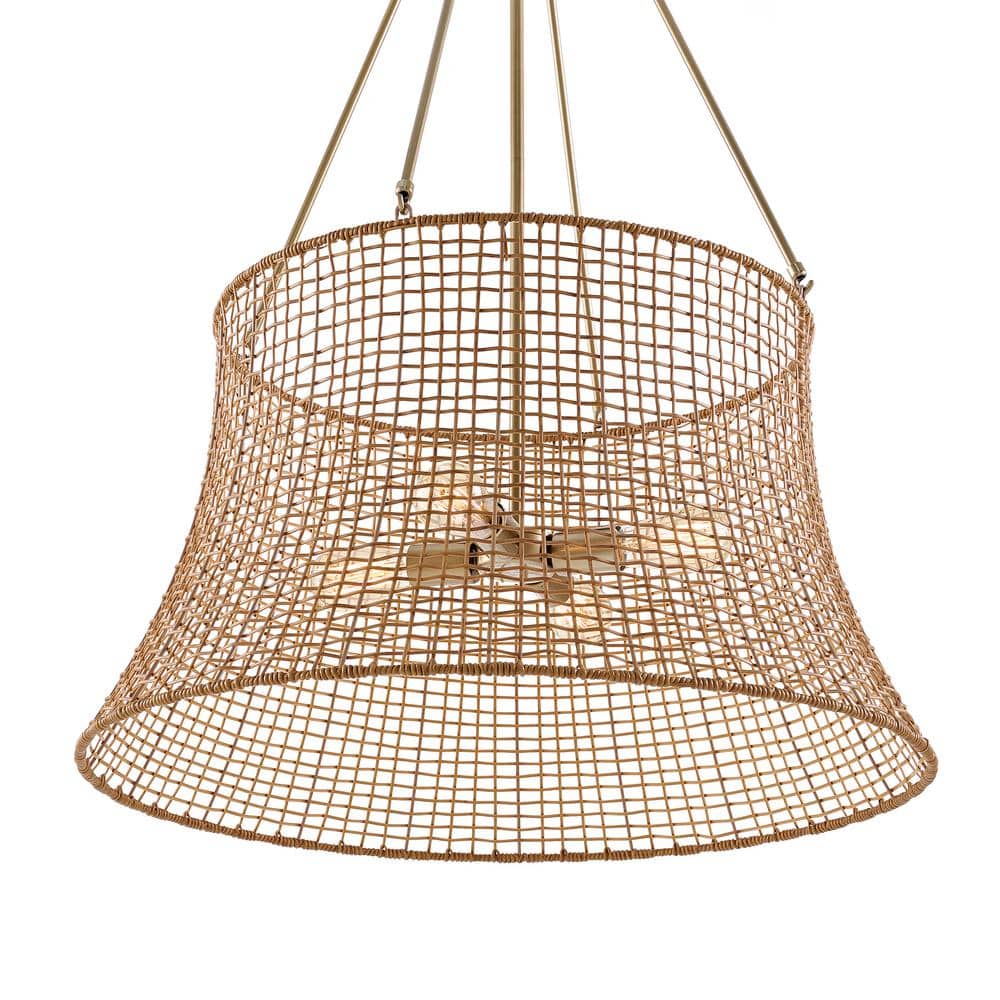 Burnished Brass and Rattan Resin 4-Light Outdoor Chandelier