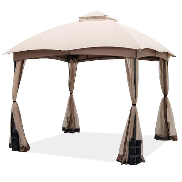 ANGELES HOME 10 ft. x 10 ft. Khaki Patio Double-Vent Gazebo with Privacy Netting and 4 Sandbags